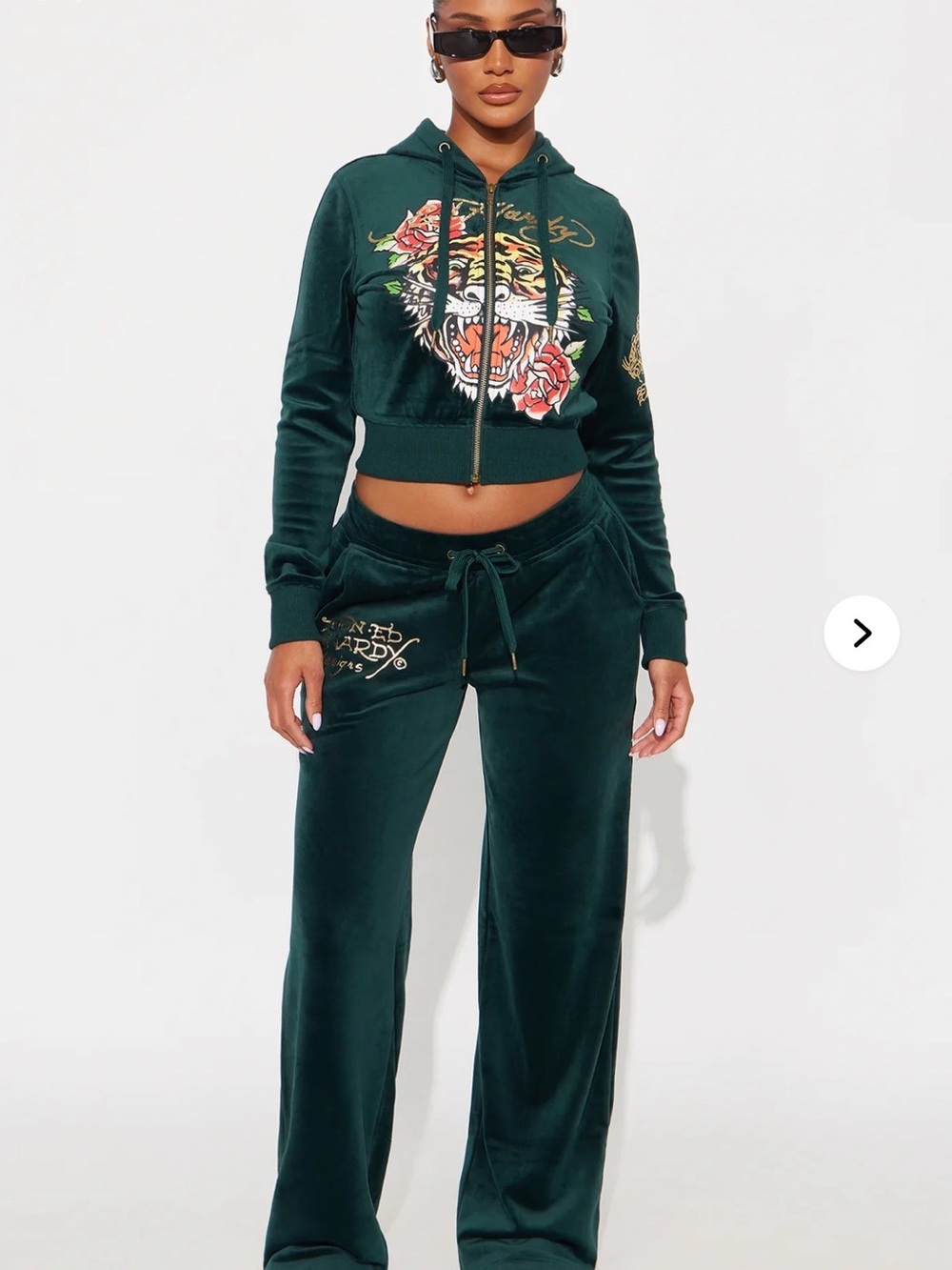 Ed Hardy Green Velvet Velour Tiger Zip Hoodie & Pant Set - Picture 9 of 11